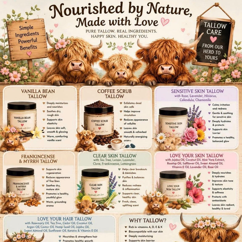 A promotional collage for Nourished by Nature Tallow products, featuring multiple cow illustrations, floral decorations, and several labeled tallow jars with ingredient-specific sections such as vanilla bean tallow, coffee scrub tallow, sensitive skin tallow, frankincense & myrrh tallow, clear skin tallow, and love your hair tallow.